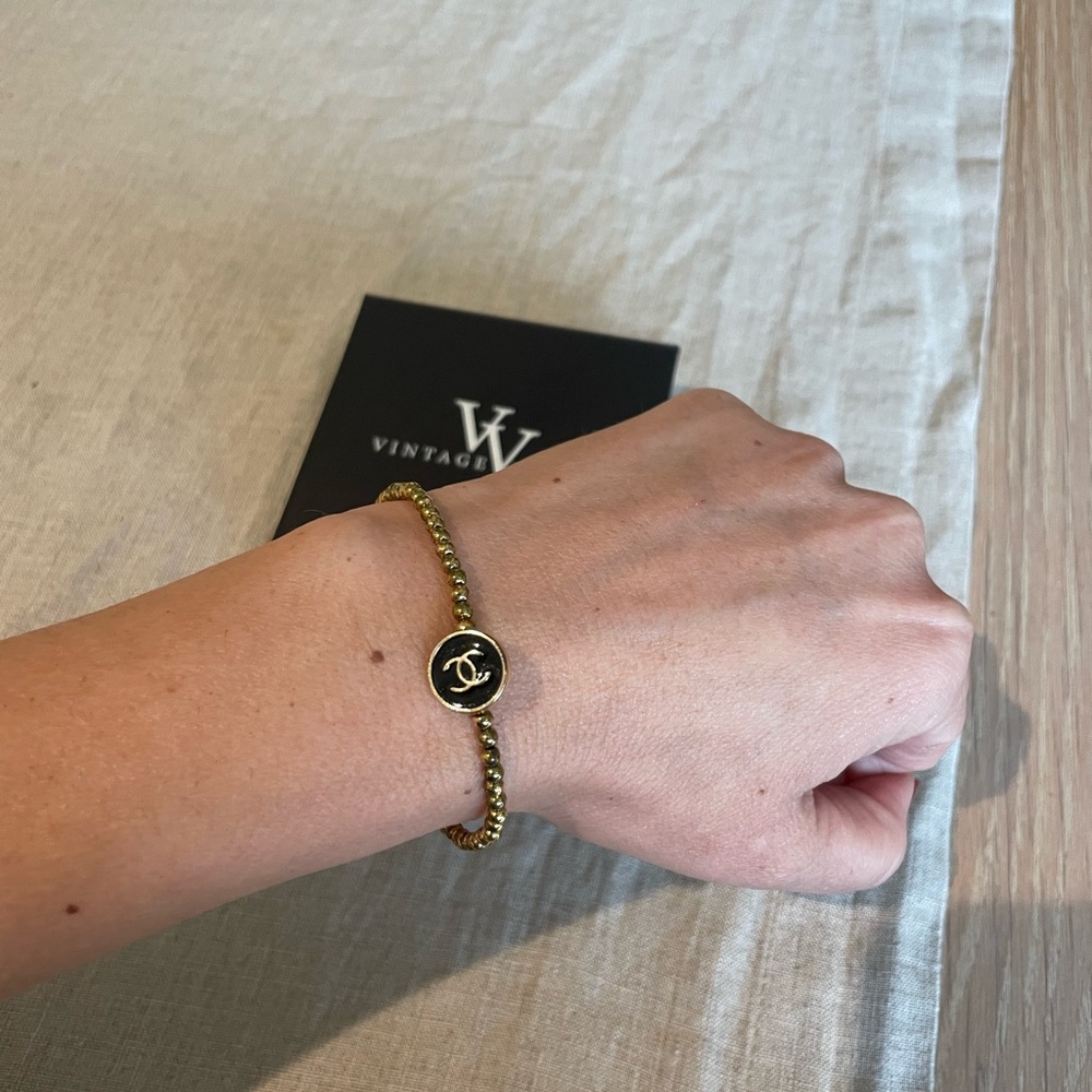 Gold Beaded Bracelet with Vintage Black Chanel Button